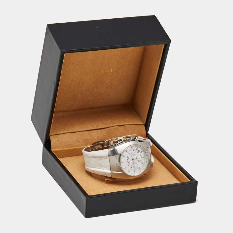 Pre Owned Bvlgari Ergon EG35SCH Mother Of Pearl Diamond Stainless Steel Alligator Leather Women's Wristwatch 35 mm