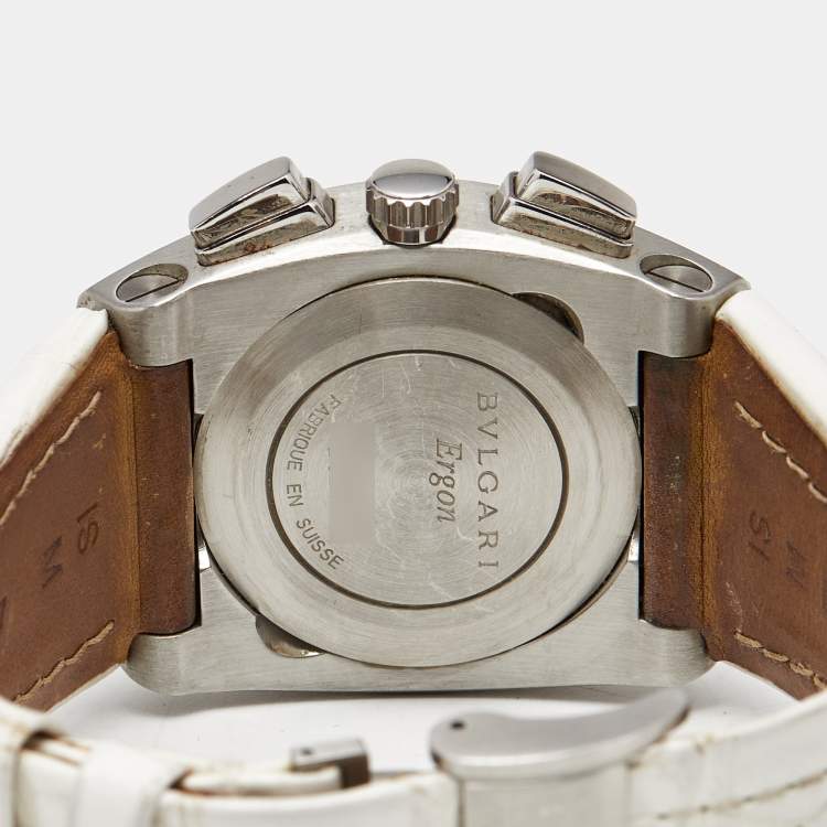 Pre Owned Bvlgari Ergon EG35SCH Mother Of Pearl Diamond Stainless Steel Alligator Leather Women's Wristwatch 35 mm