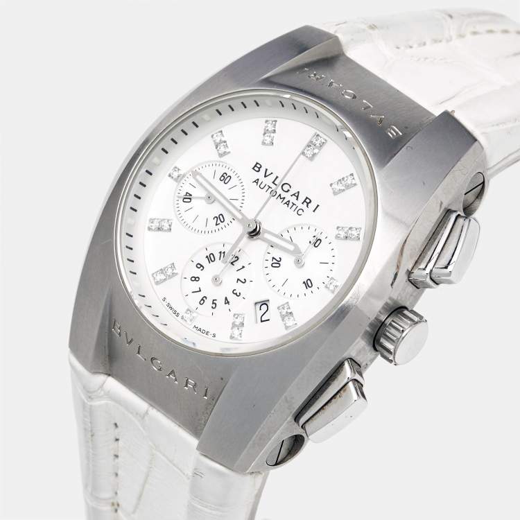 Pre Owned Bvlgari Ergon EG35SCH Mother Of Pearl Diamond Stainless Steel Alligator Leather Women's Wristwatch 35 mm