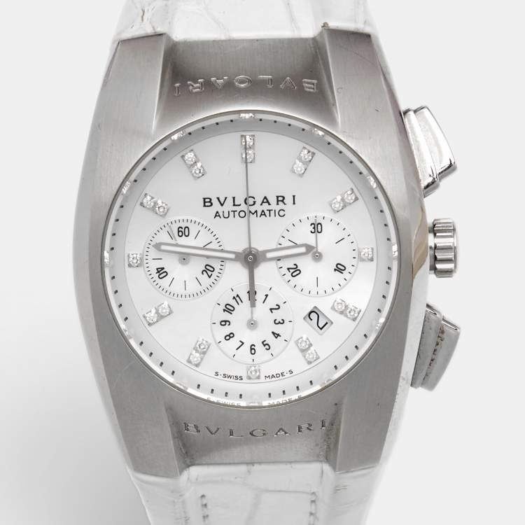 Pre Owned Bvlgari Ergon EG35SCH Mother Of Pearl Diamond Stainless Steel Alligator Leather Women's Wristwatch 35 mm