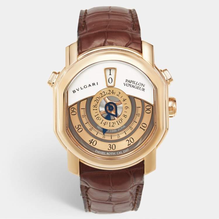 Pre Owned Bvlgari Daniel Roth Papillon Voyageur Limited Edition GMT 101835 White Dial 18K Rose Gold Alligator Leather Men's Wristwatch 43 mm