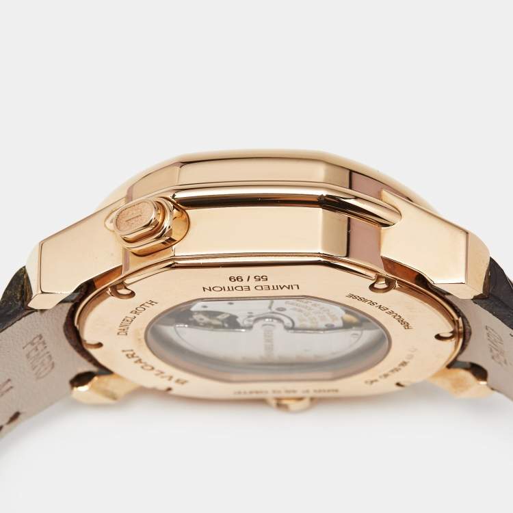 Pre Owned Bvlgari Daniel Roth Papillon Voyageur Limited Edition GMT 101835 White Dial 18K Rose Gold Alligator Leather Men's Wristwatch 43 mm