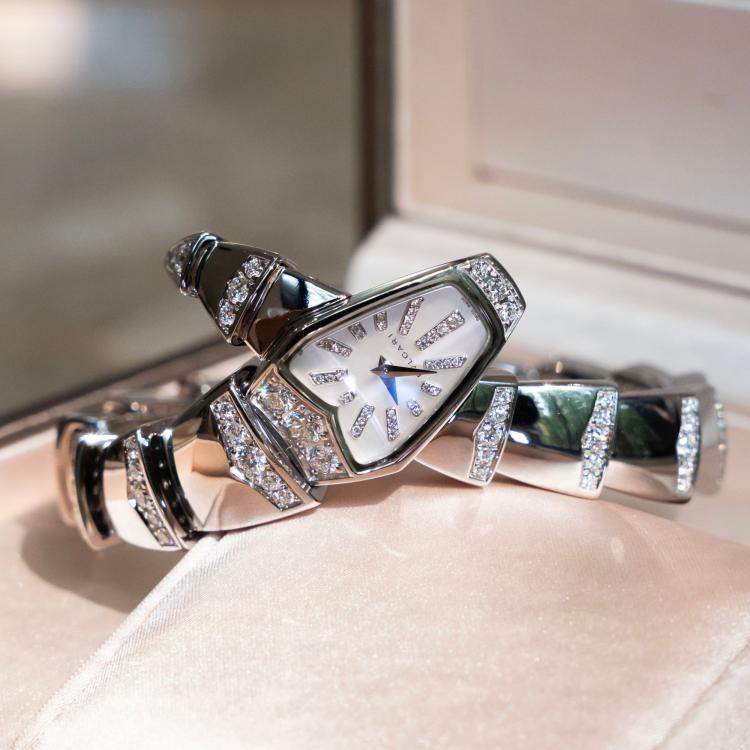 Pre Owned Bulgari Serpenti 102366 White Gold Half Diamond Quartz Watch 26 mm
