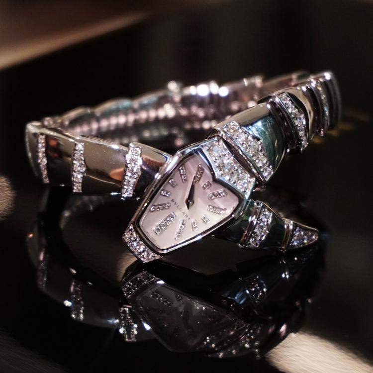 Pre Owned Bulgari Serpenti 102366 White Gold Half Diamond Quartz Watch 26 mm