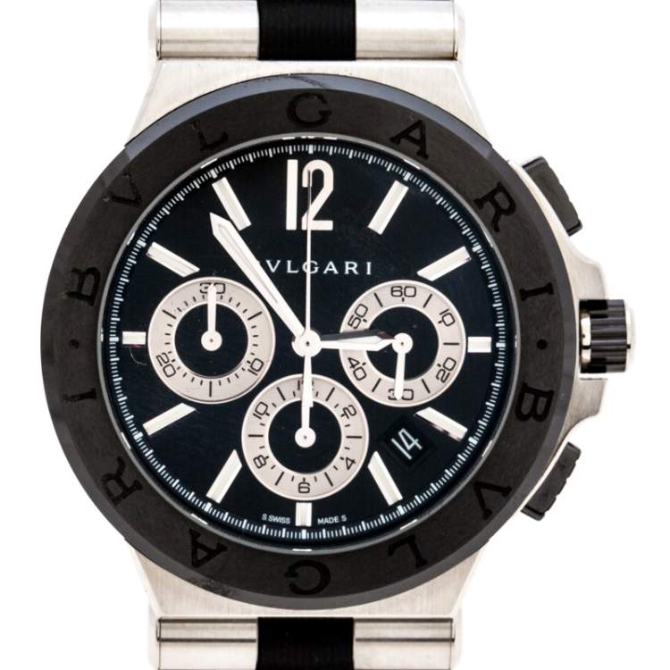 Pre Owned Bvlgari Black Ceramic Stainless Steel Rubber Diagono DG42SCCH Men's Wristwatch 42 mm