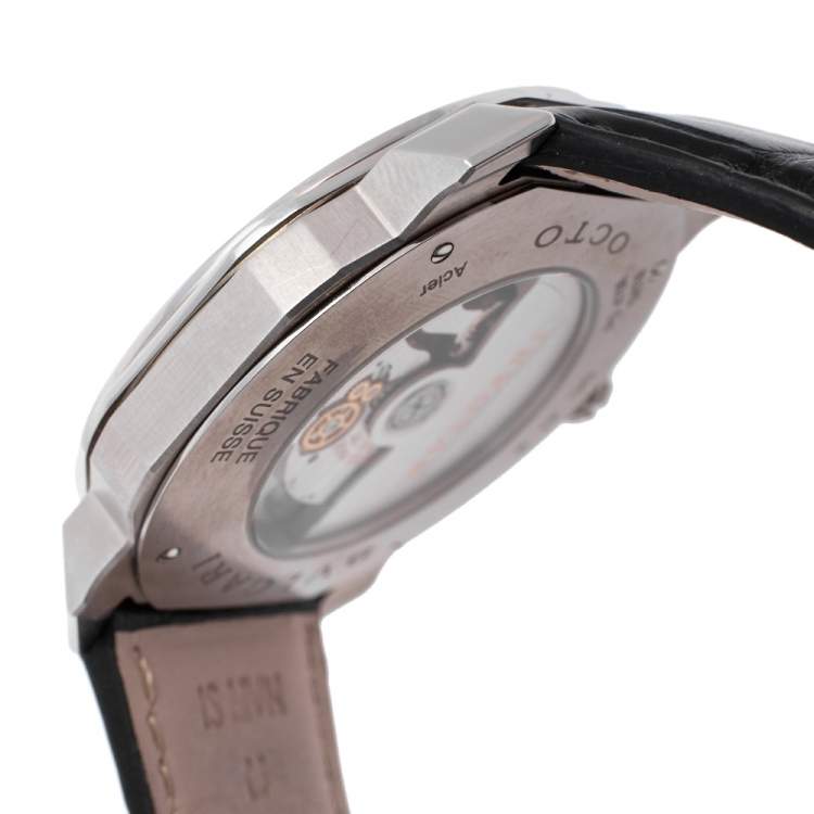 Pre Owned Bvlgari Black Stainless Steel Leather Octo Roma OC41S  Men's Wristwatch 41 mm