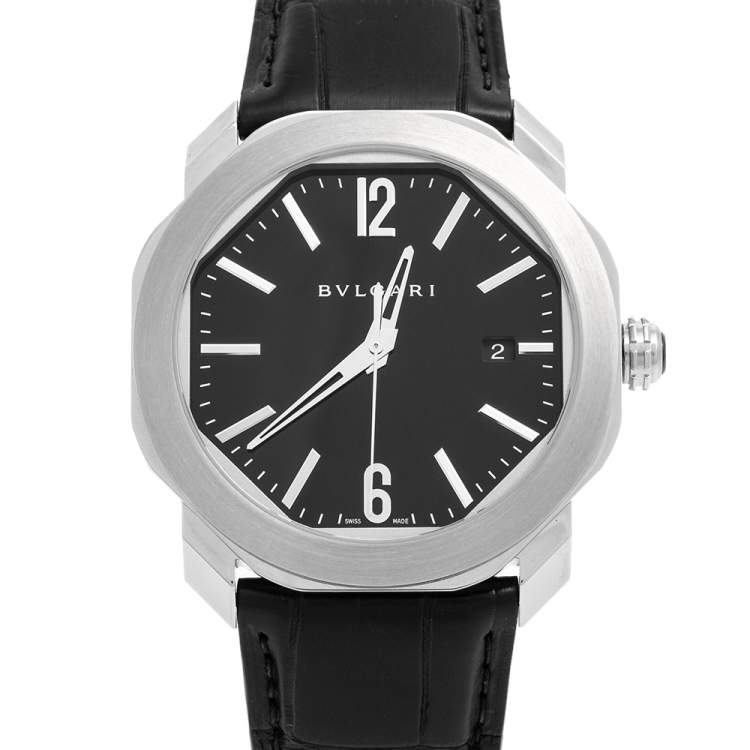 Pre Owned Bvlgari Black Stainless Steel Leather Octo Roma OC41S  Men's Wristwatch 41 mm