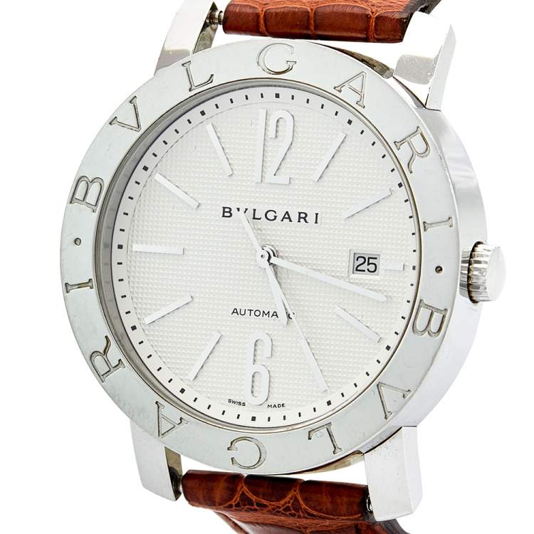 Pre Owned Bvlgari White Stainless Steel Crocodile Bvlgari BB 42 SL Men's Wristwatch 42 mm