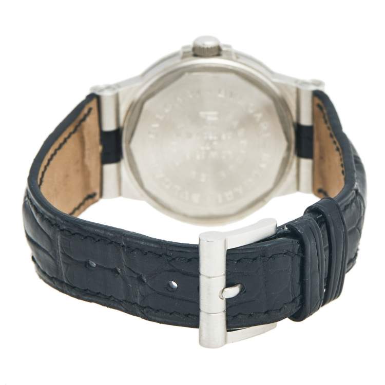 Pre Owned Bvlgari White 18K White Gold Alligator Leather Diagono Men's Wristwatch 35 mm