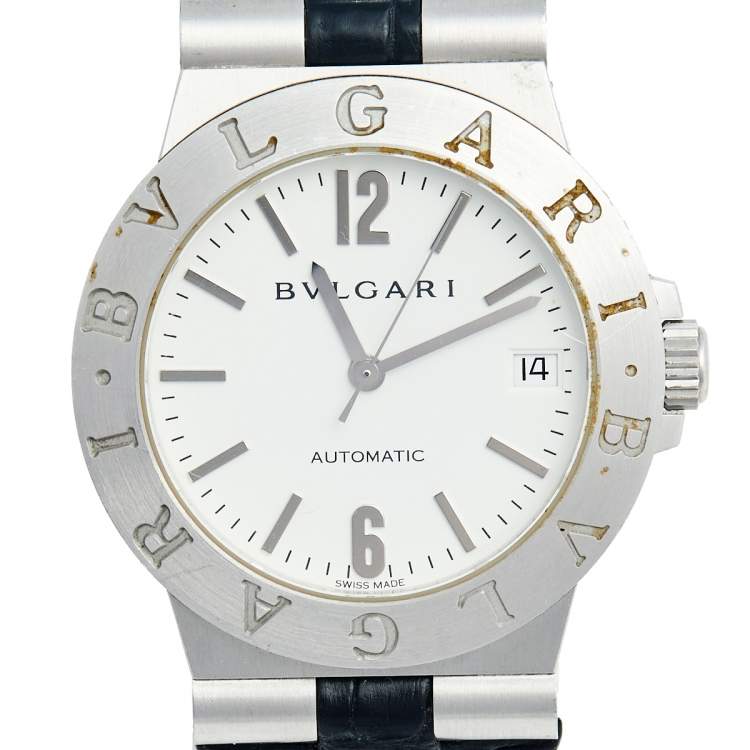 Pre Owned Bvlgari White 18K White Gold Alligator Leather Diagono Men's Wristwatch 35 mm