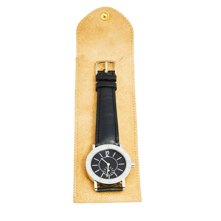 Pre Owned Bvlgari Black Stainless Steel Leather Bvlgari BB 33 SL PS Men's Wristwatch 33 mm