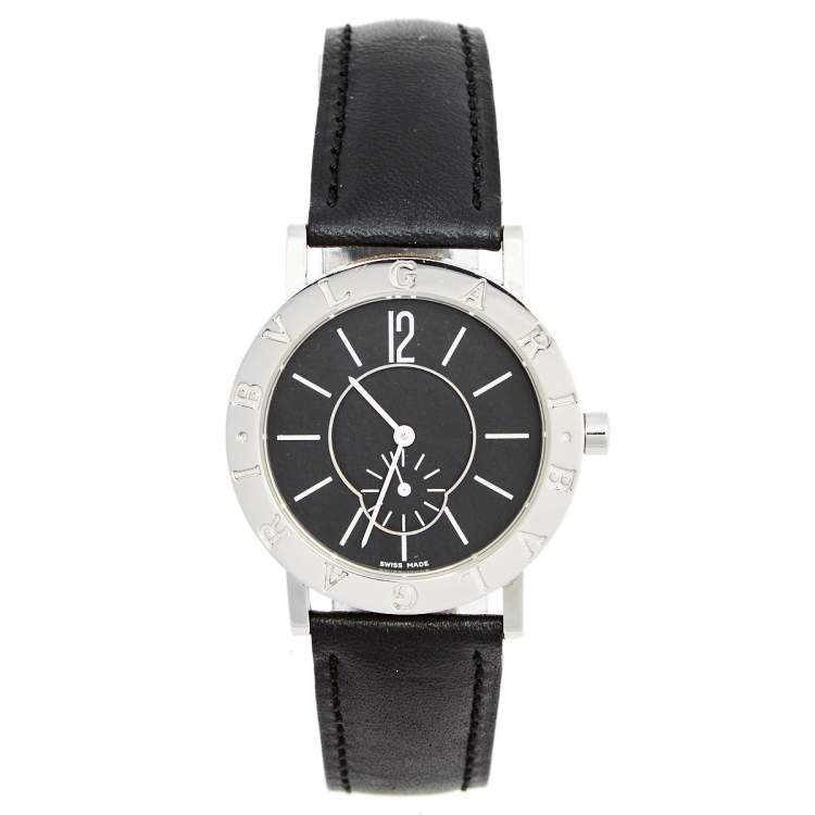 Pre Owned Bvlgari Black Stainless Steel Leather Bvlgari BB 33 SL PS Men's Wristwatch 33 mm