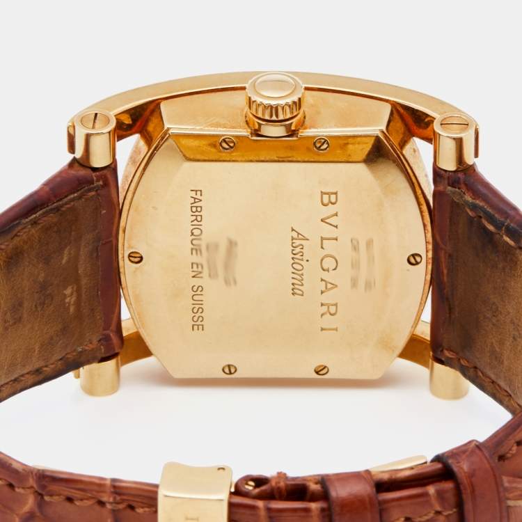Pre Owned Bvlgari Cream 18k Yellow Gold Alligator Assioma AA 44 G Men's Wristwatch 44 mm 
