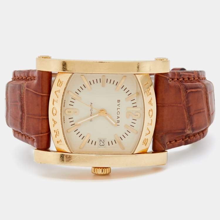Pre Owned Bvlgari Cream 18k Yellow Gold Alligator Assioma AA 44 G Men's Wristwatch 44 mm 