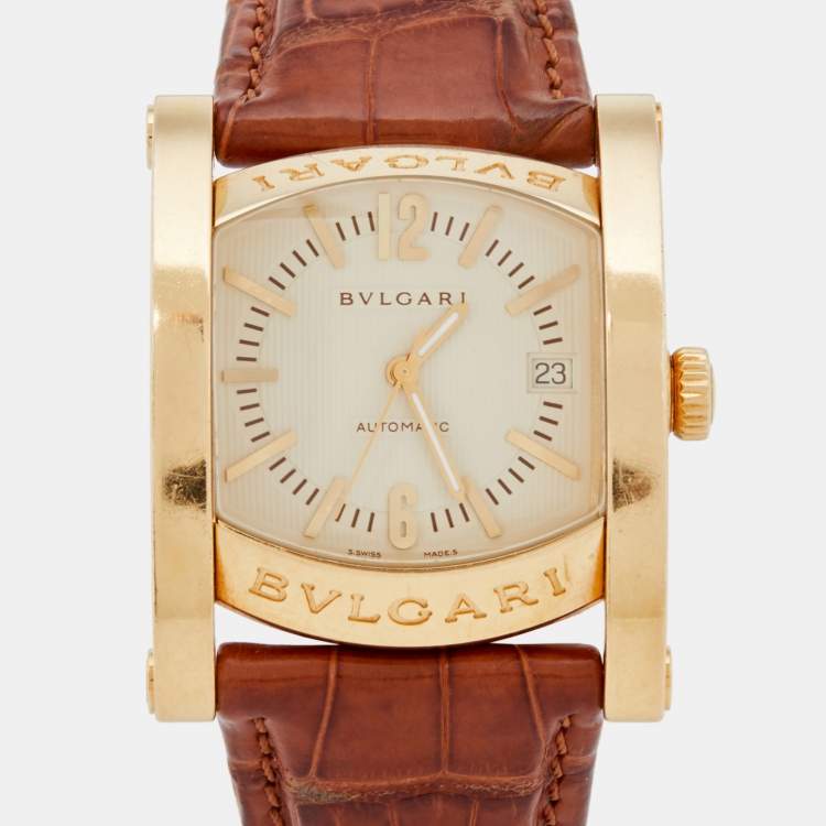 Pre Owned Bvlgari Cream 18k Yellow Gold Alligator Assioma AA 44 G Men's Wristwatch 44 mm 