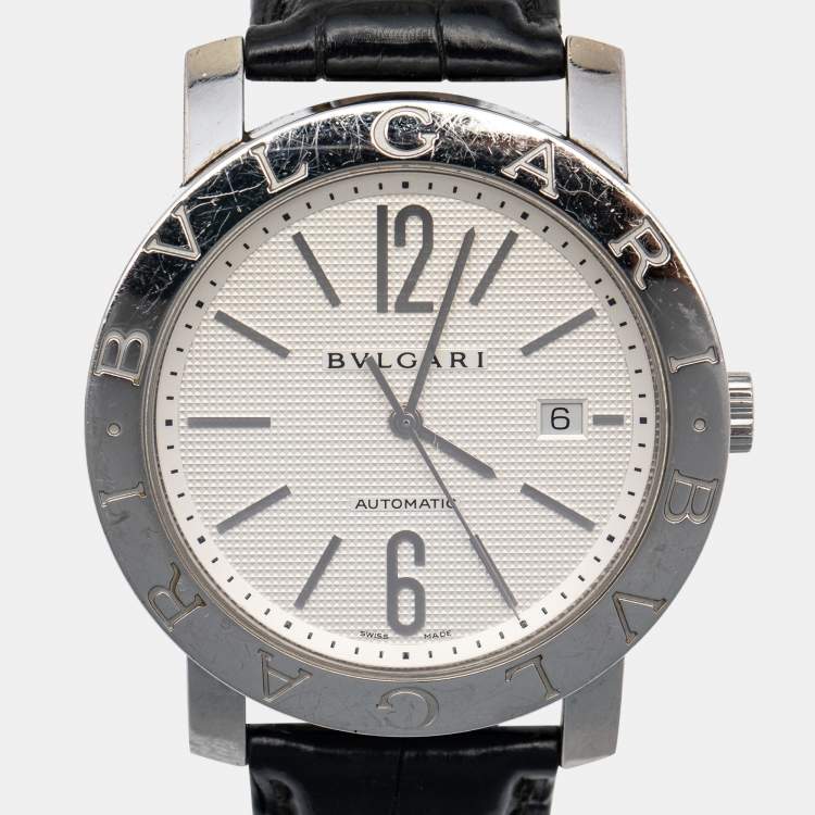 Pre Owned Bvlgari Bvlgari White Stainless Steel Aliigator Leather BB 42 SL Auto Men's Wristwatch 42 MM
