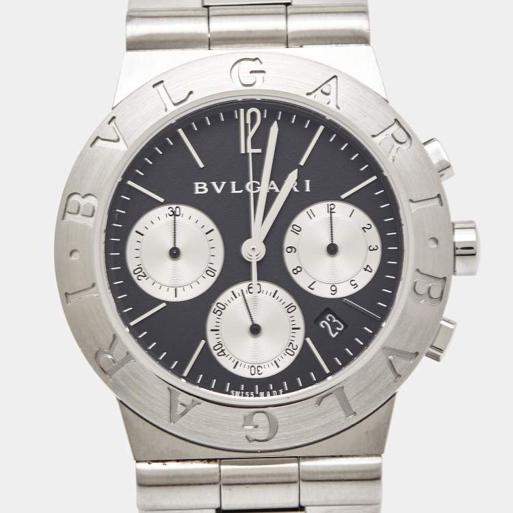 Pre Owned Bvlgari Black Stainless Steel Diagono CH35S Men's Wristwatch 35 mm 