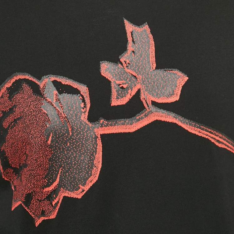 Pre Owned Calvin Klein CKone Black Rose Print Jersey Distressed T-Shirt XS