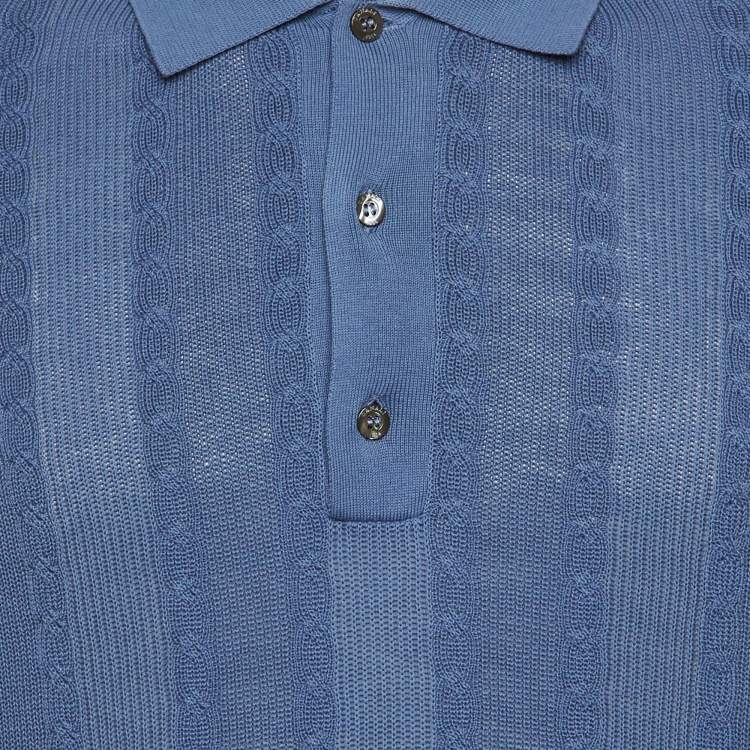 Pre Owned Canali Blue Cotton Cable Knit Polo T-Shirt XL