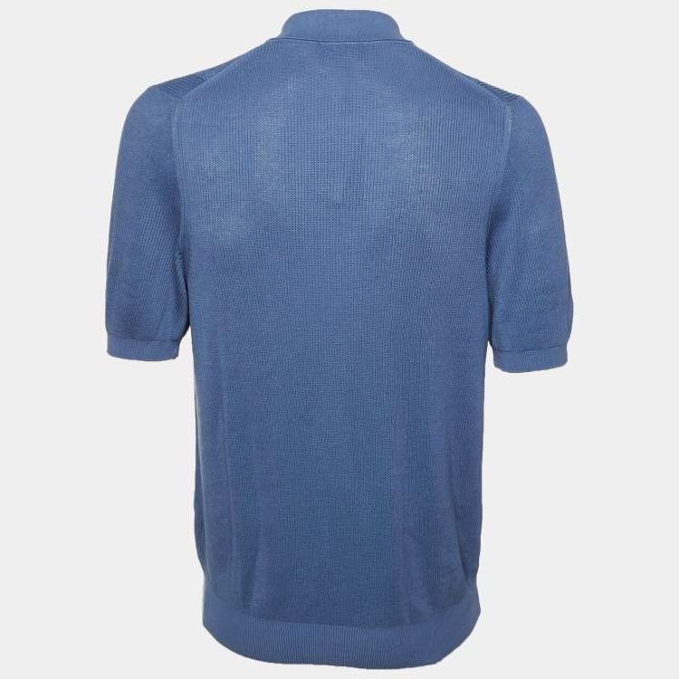 Pre Owned Canali Blue Cotton Cable Knit Polo T-Shirt XL