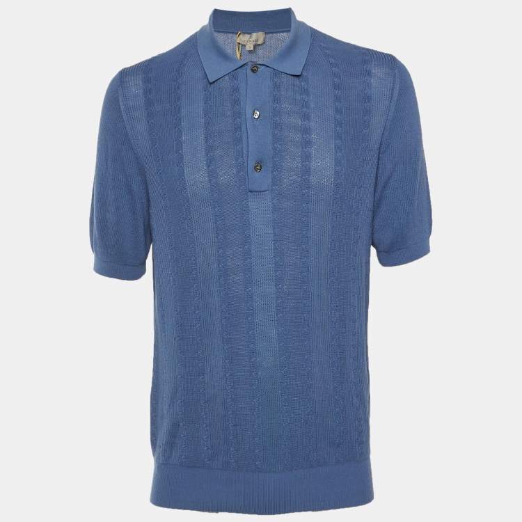 Pre Owned Canali Blue Cotton Cable Knit Polo T-Shirt XL