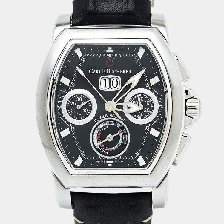 Pre Owned Carl F. Bucherer Black Stainless Steel Leather Patravi T-Graph 00.10615.08.33.01 Men's Wristwatch 39 mm