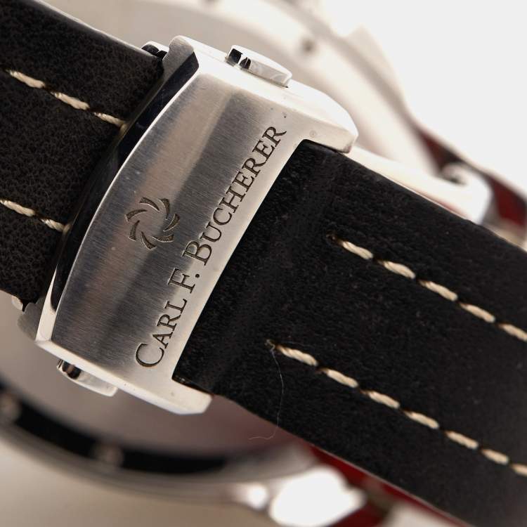 Pre Owned Carl F. Bucherer Black Stainless Steel Leather Patravi T-Graph 00.10615.08.33.01 Men's Wristwatch 39 mm