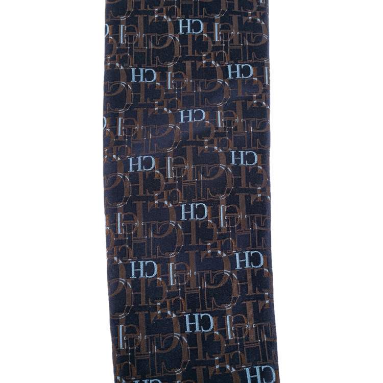 Pre Owned CH Carolina Herrera Navy Blue Logo Monogram Silk Tie