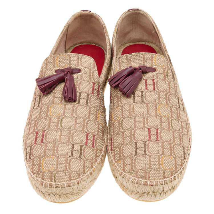 Pre Owned Carolina Herrera Beige Monogram Canvas Espadrille Flats Size 42.5