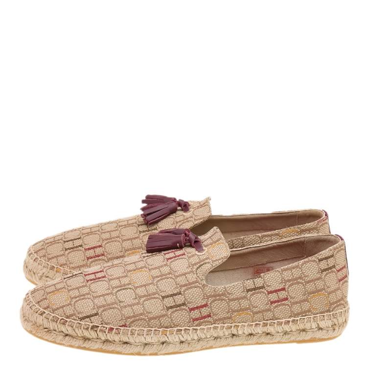 Pre Owned Carolina Herrera Beige Monogram Canvas Espadrille Flats Size 42.5
