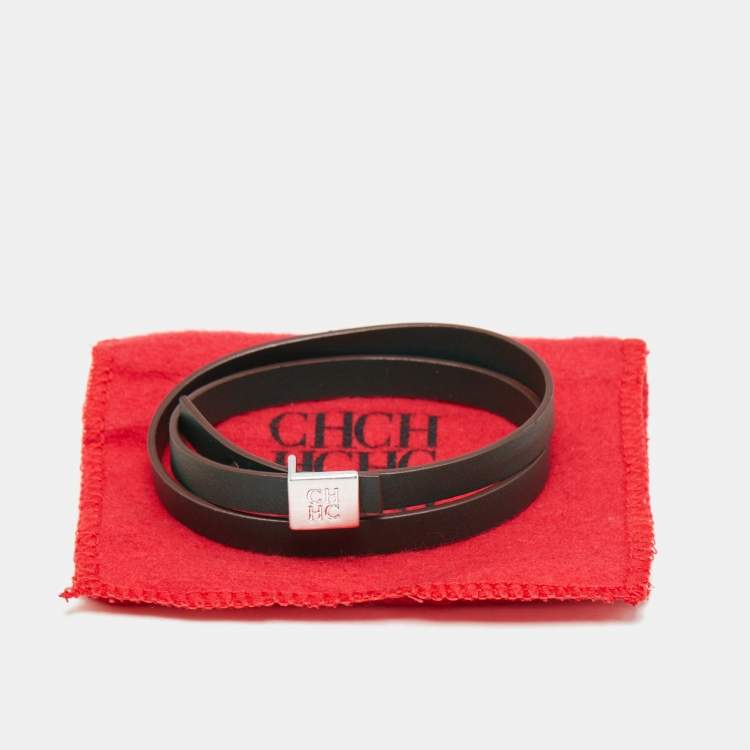 Pre Owned Carolina Herrera CH Leather Silver Tone Wrap Bracelet