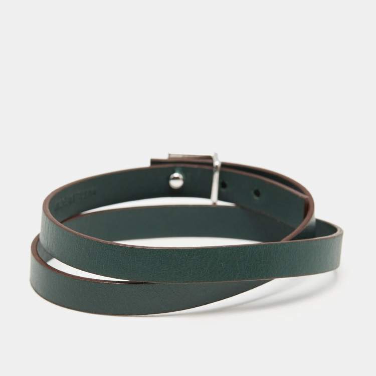 Pre Owned Carolina Herrera CH Leather Silver Tone Wrap Bracelet