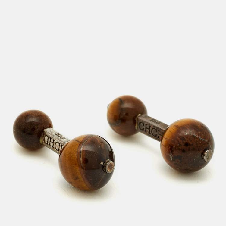 Pre Owned Carolina Herrera Tigers Eye Silver 925 Cufflinks 