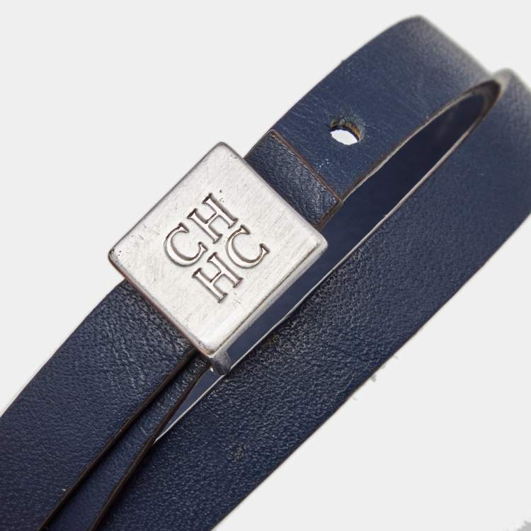 Pre Owned Carolina Herrera Blue Double Wrap Leather Silver Tone Bracelet