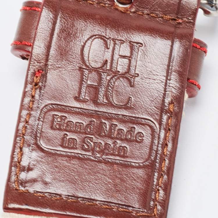 Pre Owned Carolina Herrera Burgundy/White Leather and Canvas Logo Buckle Belt 90CM
