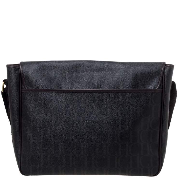 Pre Owned Carolina Herrera Dark Brown Monogram Coated Canvas and Leather Flap Messenger Bag