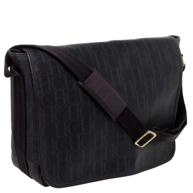 Pre Owned Carolina Herrera Dark Brown Monogram Coated Canvas and Leather Flap Messenger Bag