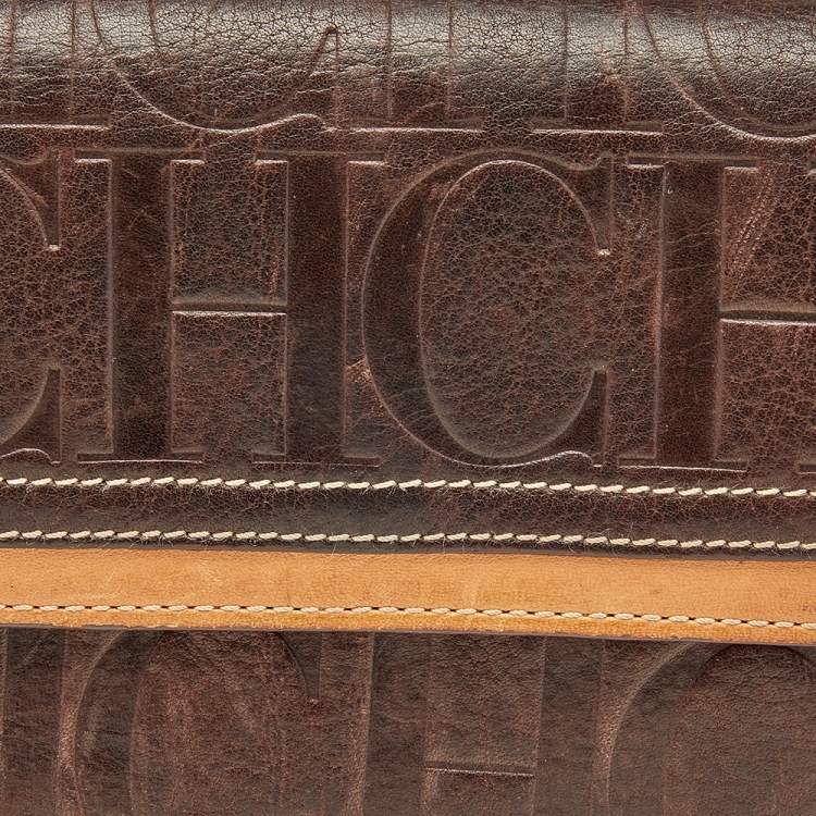 Pre Owned Carolina Herrera Brown Monogram Embossed Leather Trifold Wallet