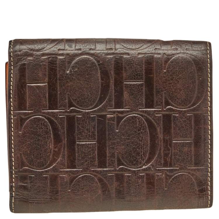 Pre Owned Carolina Herrera Brown Monogram Embossed Leather Trifold Wallet