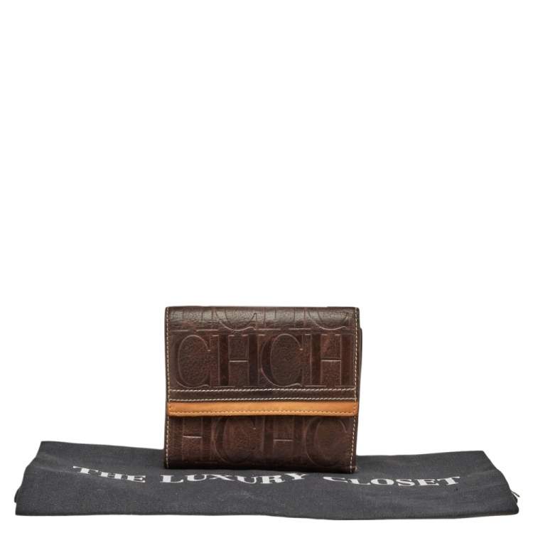 Pre Owned Carolina Herrera Brown Monogram Embossed Leather Trifold Wallet