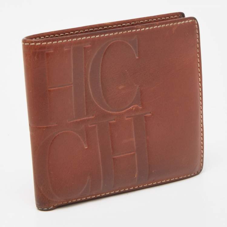 Pre Owned Carolina Herrera Brown Monogram Embossed Leather Bifold Wallet