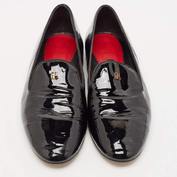 Pre Owned Carolina Herrera Black Patent Leather Smoking Slippers Size 39