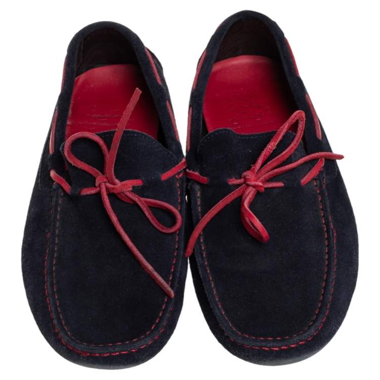 Pre Owned CH Carolina Herrera Blue/Red Leather And Suede Slip On Loafers Size 41.5