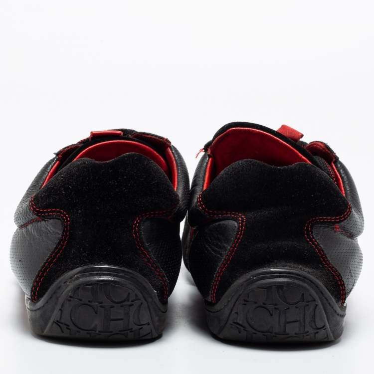 Pre Owned CH Carolina Herrera Black/Red Leather and Suede Low-Top Sneakers Size 43