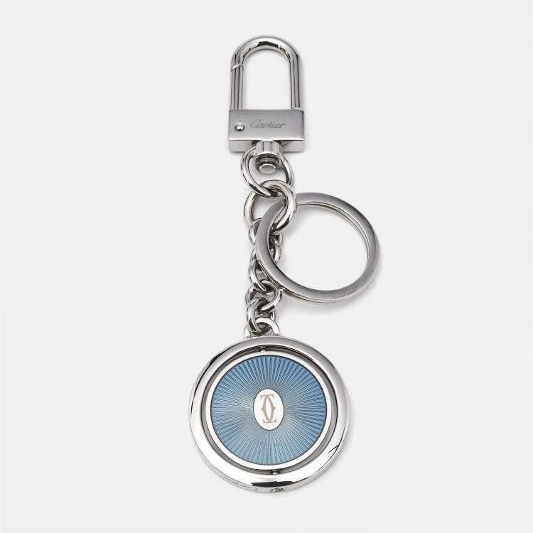 Pre Owned Cartier Double C de Cartier Logo Blue Lacquer Palladium Plated Steel Key Ring