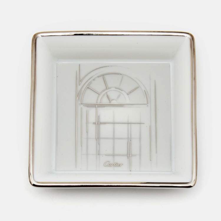 Pre Owned Cartier Porcelain Platinum Finish Window Print Mini Ashtray