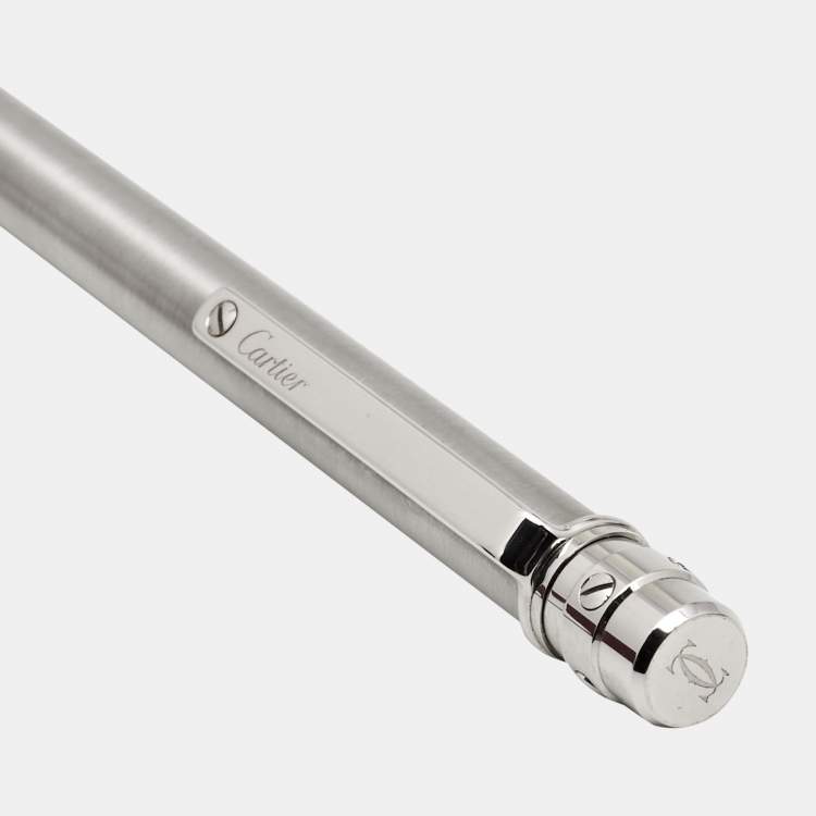 Pre Owned Cartier Santos De Cartier Godron Silver Tone Ballpoint Pen