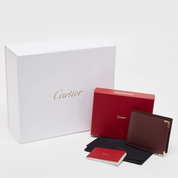 Pre Owned Cartier Maroon Leather Must De Cartier 6CC Bifold Wallet
