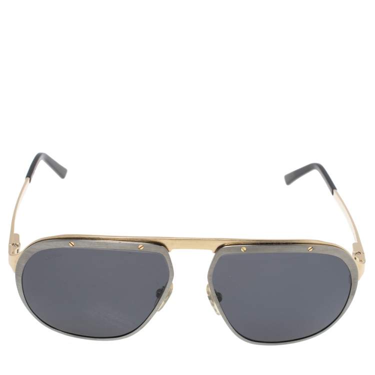 Pre Owned Cartier Brushed Metal/ Grey CT0035S Polarized Santos de Cartier Aviator Sunglasses