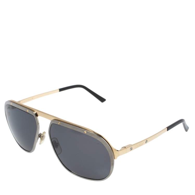 Pre Owned Cartier Brushed Metal/ Grey CT0035S Polarized Santos de Cartier Aviator Sunglasses